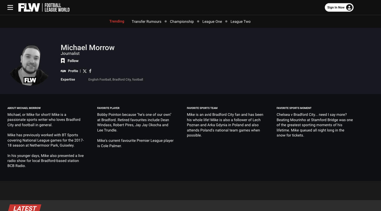 Michael Morrow - SEO Content Writer screenshot Football League World Michael Morrow writer profile